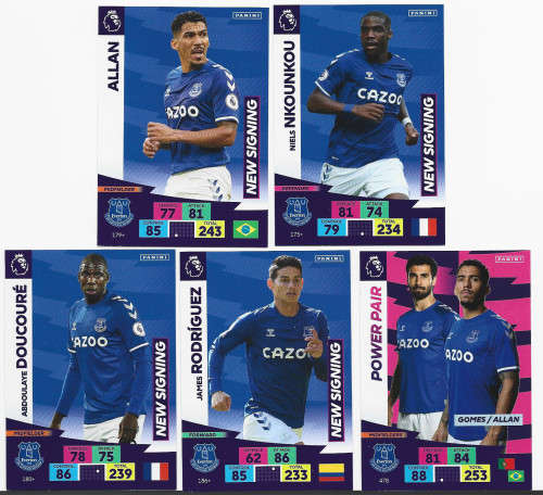 EVERTON FC  - EPL ADRENALYN `PLUS` 2020/2021 - TEAM LOT of 5 `BASE` TRADING CARDS