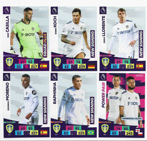 LEEDS UNITED - EPL ADRENALYN `PLUS` 2020/2021 - TEAM SET of 6 `BASE` TRADING CARDS