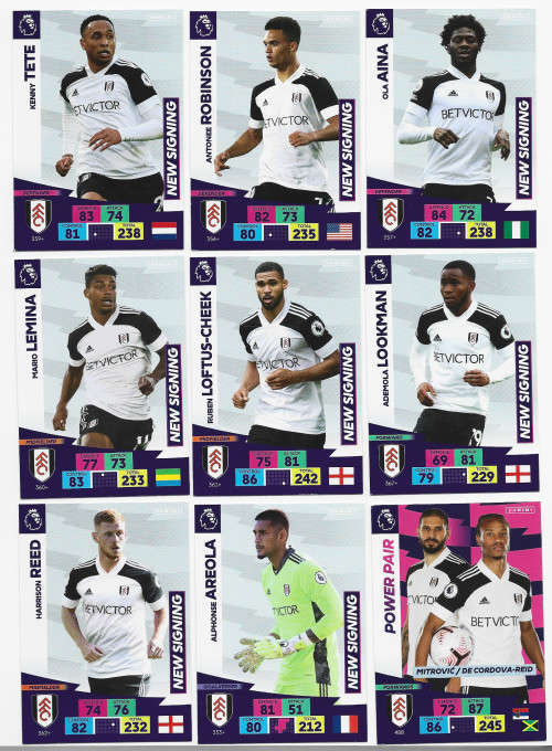 FULHAM - EPL ADRENALYN `PLUS` 2020/2021 - TEAM SET of 9 `BASE` TRADING CARDS
