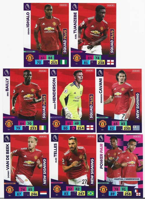 MANCHESTER UNITED - EPL ADRENALYN `PLUS` 2020/2021 - TEAM SET of 8 `BASE` TRADING CARDS