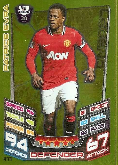 PATRICE EVRA - TOPPS EPL MATCH ATTAX 2012/2013 - GOLD `LEGEND` TRADING CARD 477