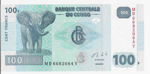 CONGO CENTRAL BANK- 100 FRANCS BANK NOTE  - UNC