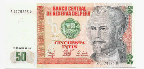 BANCO CENTRAL de PERU - 50 INTIS BANK NOTE 1987 - UNC