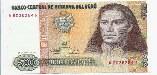 BANCO CENTRAL de PERU - 500 INTIS BANK NOTE 1987 - UNC