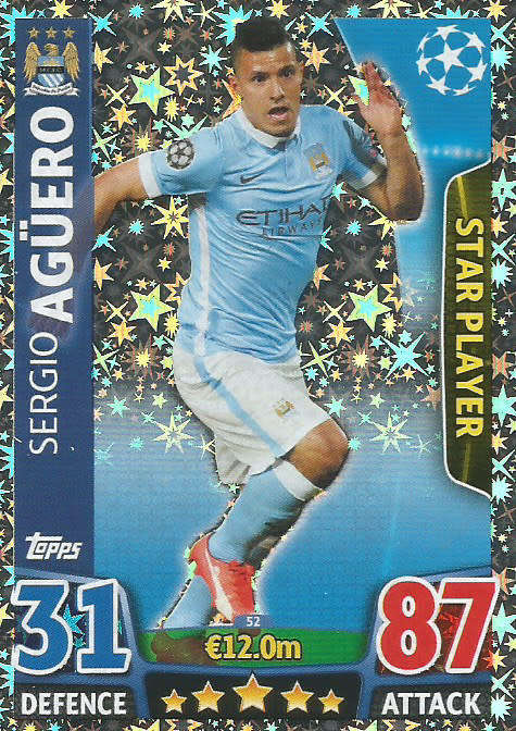 SERGIO AGUERO - CHAMPIONS LEAGUE  2015/16 - TOPPS - `STAR PLAYER` FOIL TRADING CARD