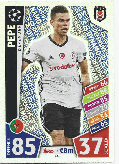 PEPE - TOPPS CHAMPIONS LEAGUE 2017/2018 -  `DEFENDER` FOIL TRADING CARD 331