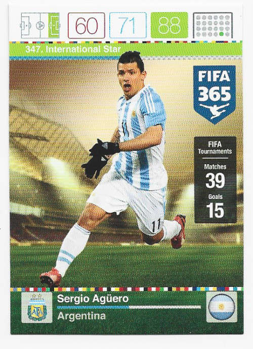 SERGIO AGUERO - PANINI `FIFA 365` 2016 EDITION - `INTERNATIONAL STAR` TRADING CARD
