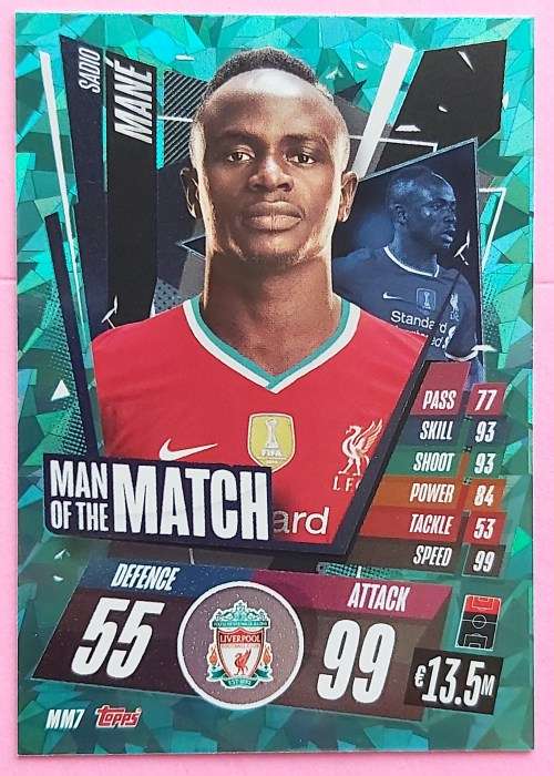 SADIO MANE (Liverpool) - TOPPS `CHAMPIONS LEAGUE` 2020/2021 - GREEN `Man of the Match` CARD MM7