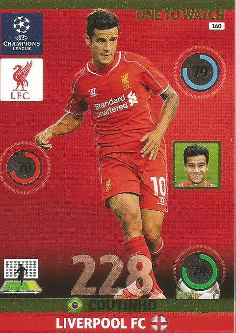 PHILLIPE COUTINHO - PANINI `CHAMPIONS LEAGUE`  2014/15 - FOIL `ONE to WATCH` TRADING CARD