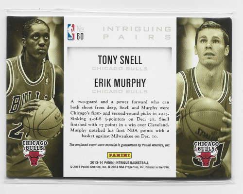 SNELL/MURPHY  - PANINI BASKETBALL `NBA 2013/14`- `INTRIGUE PAIRS` `JERSEY` TRADING CARD #199