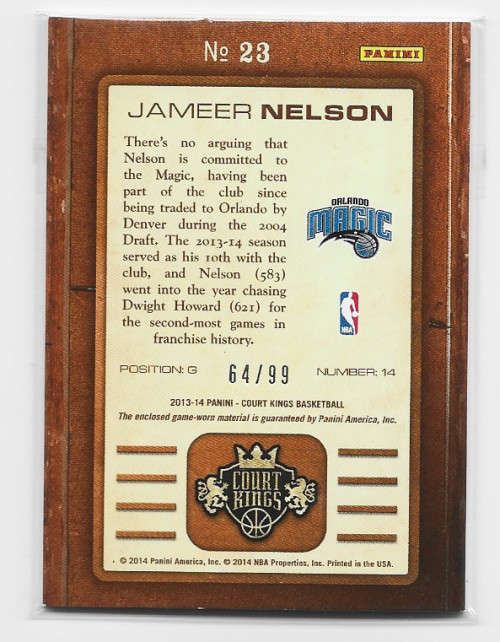 JAMEER NELSON  - PANINI BASKETBALL `NBA 2013/14`- `GALLERY of STARS` `JERSEY` TRADING CARD #99