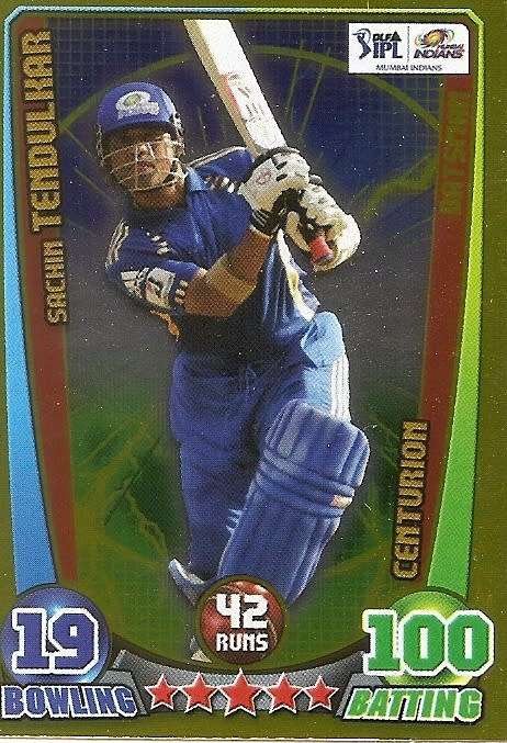 SACHIM TENDULKAR - TOPPS `CRICKET ATTAX` 2012 - GOLD `CLUB 100`  TRADING CARD