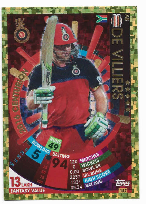 AB DE VILLIERS - IPL CRICKET ATTAX 2017/18 - RARE GOLD `2016 CENTURION` TRADING CARD 187