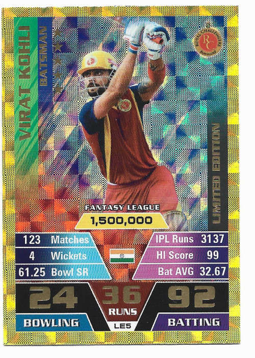 VIRAT KHOLI - IPL CRICKET ATTAX 2016 - RARE GOLD `LIMITED EDITION` TRADING CARD LE5