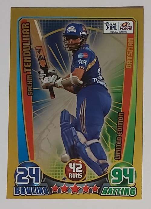 SACHIM TENDULKAR - TOPPS `CRICKET ATTAX` 2012 - RARE GOLD `LIMITED EDITION`  TRADING CARD