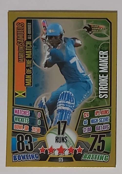MARLON SAMUELS - IPL CRICKET ATTAX 2013 - RARE GOLD `MAN of the MATCH` TRADING CARD 175