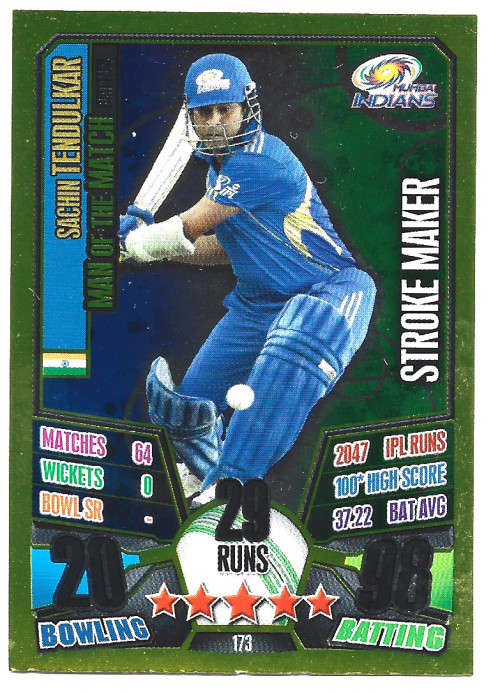 SACHIM TENDULKAR - IPL CRICKET ATTAX 2013 - RARE GOLD `MAN of the MATCH` TRADING CARD 173