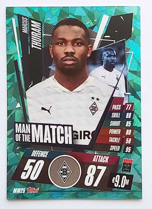 MARCUS THURAM (Borussia M) - TOPPS `CHAMPIONS LEAGUE` 2020/2021 - GREEN `Man of the Match` CARD MM25