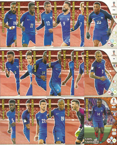 FRANCE - PANINI FIFA WORLD CUP 2018 RUSSIA - COMPLETE TEAM OF 21 `BASE and FOIL` TRADING CARDS