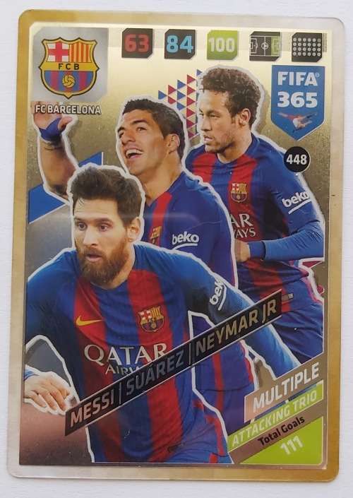 MESSI / SUAREZ/NAYMAR (BARCELONA)  - PANINI `FIFA 365` 2018 EDITION - FOIL `MULTIPLE` TRADING CARD