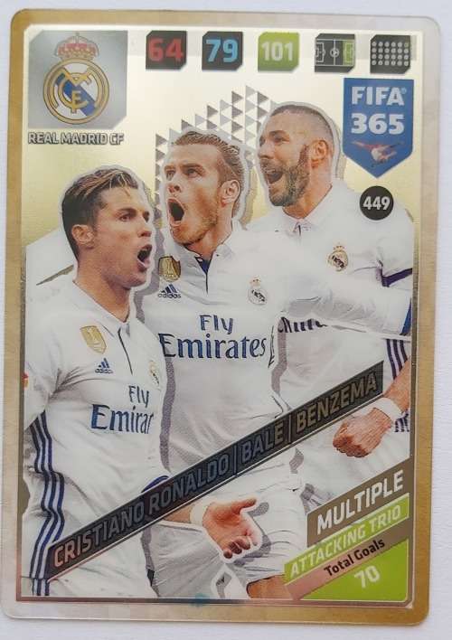 RONALDO / BALE / BENZEM (R. Madrid)  - PANINI `FIFA 365` 2018 EDITION - FOIL `MULTIPLE` TRADING CARD