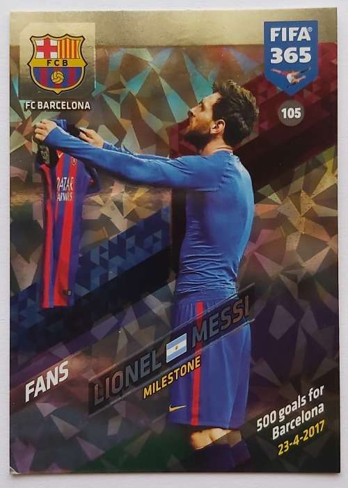 LIONEL MESSI  - PANINI `FIFA 365 2018 EDITION` - FOIL `FANS FAVOURITE` TRADING CARD 105