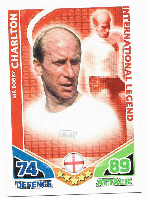 BOBBY CHARLTON - TOPPS `MATCH ATTAX WORLD CUP 2010` - `INTERNATIONAL LEGEND` BASE TRADING CARD