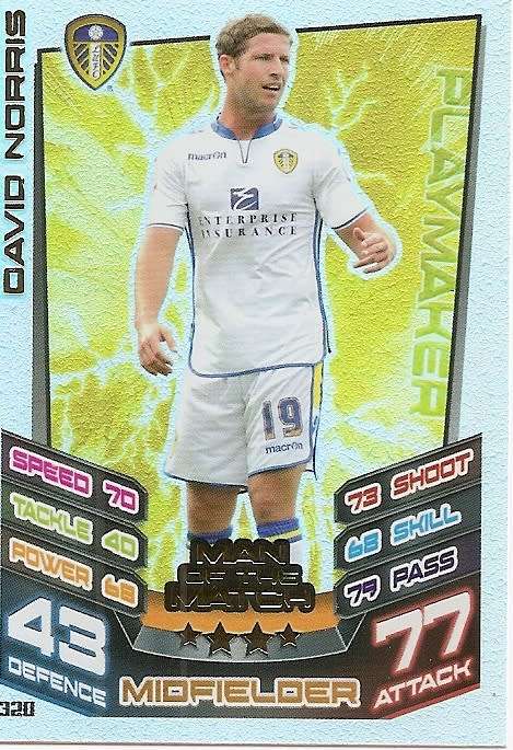 DAVID NORRIS (Leeds) - TOPPS `MATCH ATTAX CHAMPIONSHIPS` 2012/13 - FOIL `MAN of  MATCH` CARD