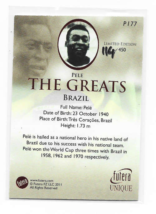 PELE - FUTERA `WORLD FOOTBALL THE GREATS` 2011 - RARE `RUBY RED` FOIL TRADING CARD P177 of 450