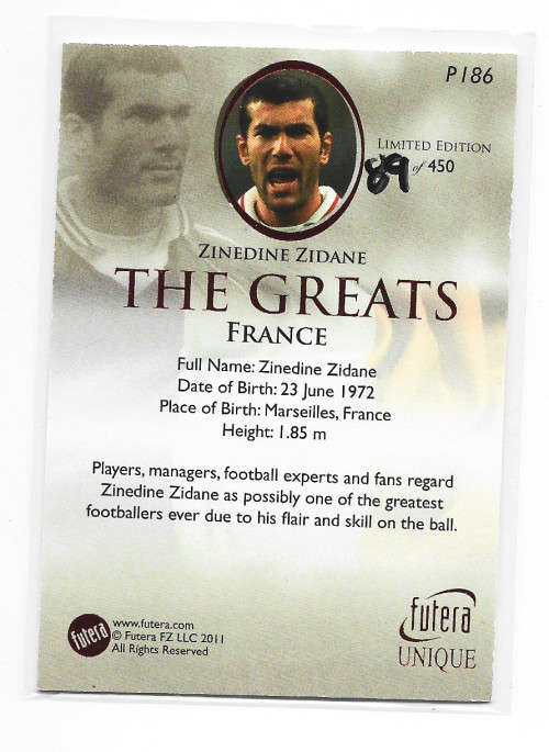 ZINEDENE ZIDANE - FUTERA `WORLD FOOTBALL - THE GREATS` 2011 - RARE `RUBY RED` FOIL CARD P186 of 450