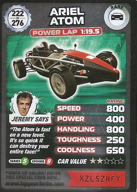 ARIEL ATOM - `BBC` TOP GEAR TURBO CHALLENGE  - `RARE` TRADING CARD 222