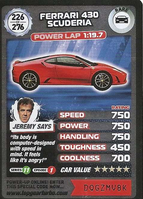 FERRARI 430 SCUDERIA  - `BBC` TOP GEAR TURBO CHALLENGE  - `RARE` TRADING CARD 226