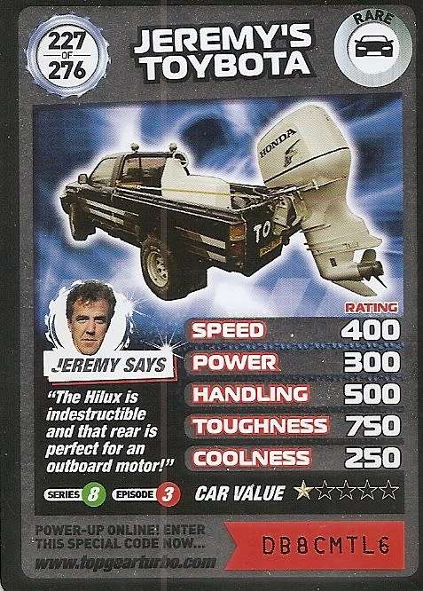 JEREMY`S TOYOTA  - `BBC` TOP GEAR TURBO CHALLENGE  - `RARE` TRADING CARD 227