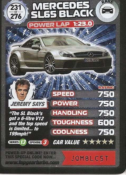 MERCEDES SL65 BLACK  - `BBC` TOP GEAR TURBO CHALLENGE  - `RARE` TRADING CARD 231