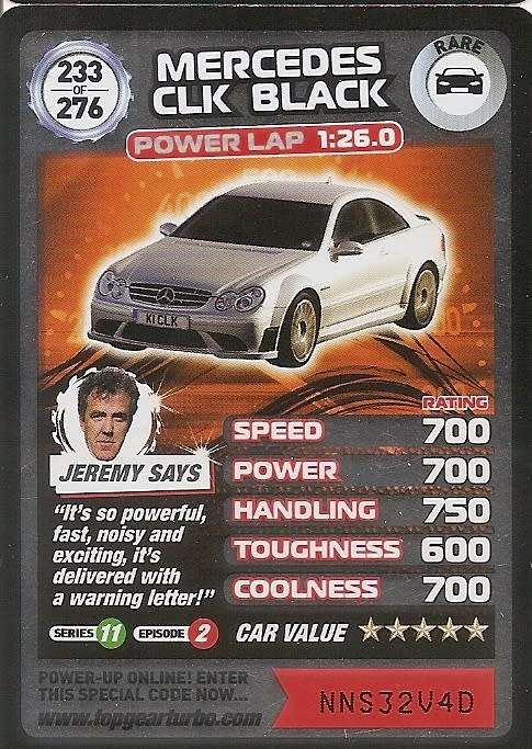 MERCEDES CLK BLACK  - `BBC` TOP GEAR TURBO CHALLENGE  - `RARE` TRADING CARD 233