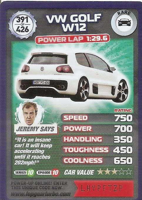 VW GOLF W12 - `BBC` TOP GEAR TURBO CHALLENGE `EXTRA`  - `RARE` TRADING CARD 391