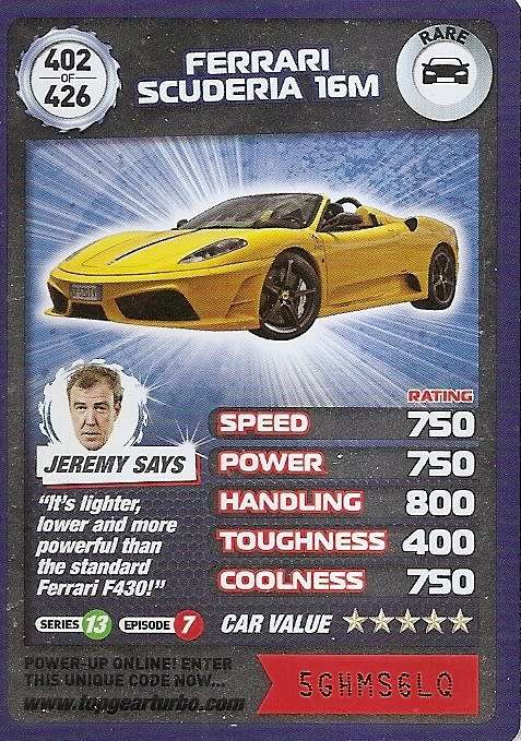 FERRARI SCUDERIA 16M - `BBC` TOP GEAR TURBO CHALLENGE `EXTRA`  - `RARE` TRADING CARD 402