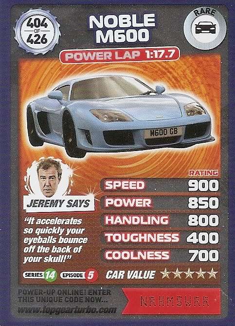 NOBLE M600 - `BBC` TOP GEAR TURBO CHALLENGE `EXTRA`  - `RARE` TRADING CARD 404
