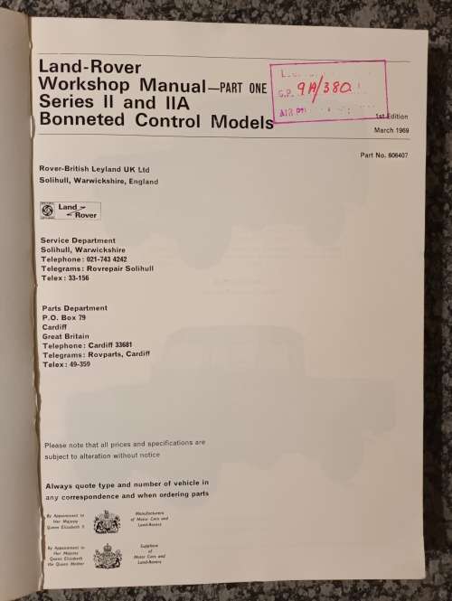LAND ROVER 88 and 109 1969 WORKSHOP MANUAL Part 1 - In Fair Condition