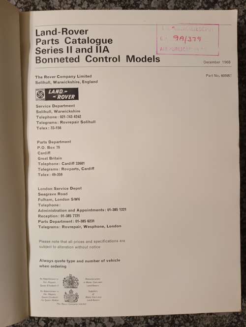 LAND ROVER 88 and 109 1969 WORKSHOP PARTS CATALOGUE - In Fair Condition