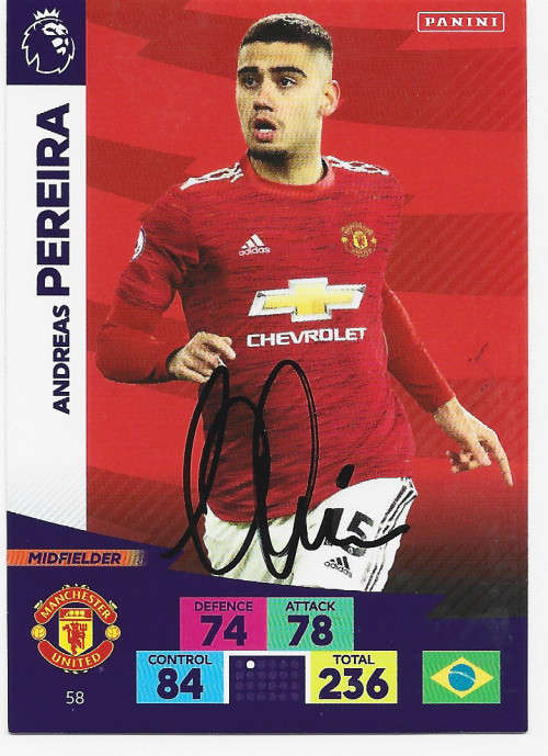 ANDREAS PEREIRA (Manchester United) - PANINI `EPL` 2021 -  Personally `AUTOGRAPHED` TRADING CARD