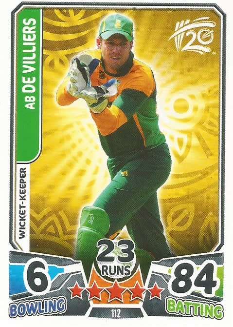 AB DE VILLIERS `PROTEAS` - `TOPPS` ICC CRICKET T20 WORLD CUP 2014 - `BASE` TRADING CARD 112