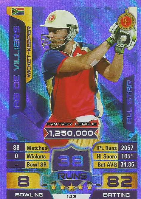 AB DE VILLIERS - `TOPPS`  IPL CRICKET ATTAX 2015/16 - `ALL STAR` SILVER TRADING CARD