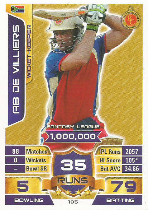AB DE VILLIERS - `TOPPS` IPL CRICKET ATTAX 2015/16 - `BASE` TRADING CARD 105