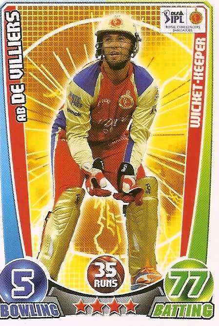 AB DE VILLIERS - `TOPPS` CRICKET ATTAX IPL LEAGUE 2012 - `BASE` TRADING CARD