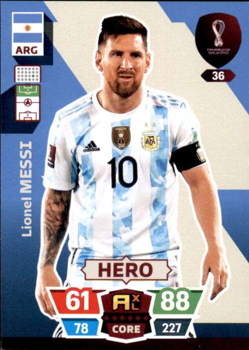 LIONEL MESSI - PANINI `FIFA WORLD CUP 2022` QATAR - BASE `HERO` TRADING CARD 36