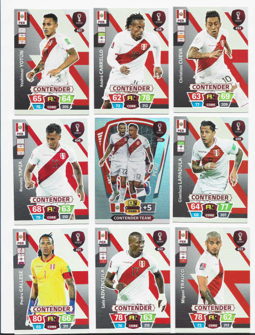 PERU - PANINI `FIFA WORLD CUP 2022` QATAR - COMPLETE 9 CARD TEAM TRADING CARD SET