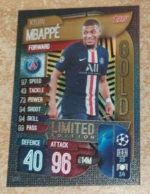 KYLIAN MBAPPE - TOPPS CHAMPIONS LEAGUE 2019/20 -  GOLD FOIL `LIMITED EDITION` TRADING CARD
