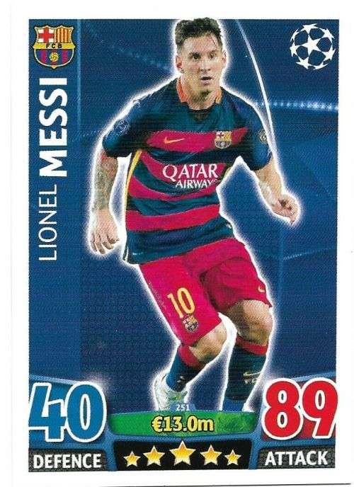LIONEL MESSI - TOPPS `CHAMPIONS LEAGUE` 2015/16 - `BASE` TRADING CARD