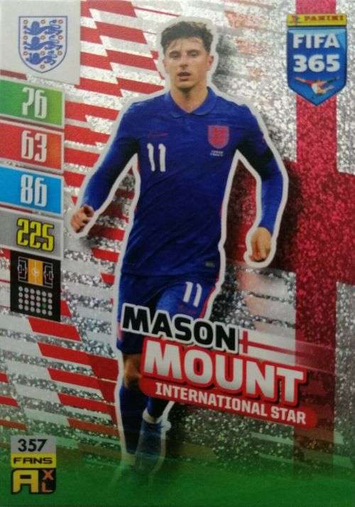 MASON MOUNT- PANINI `FIFA 365 COLLECTION` 2021/22 - SILVER `INTERNATIONAL STAR` TRADING CARD 357